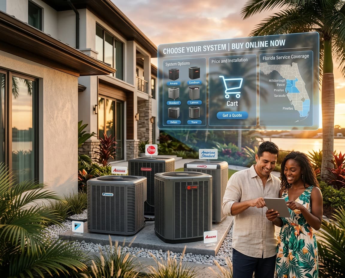 Modern Florida home at sunset with a smart AI-monitored air conditioning condenser and live efficiency diagnostics overlay