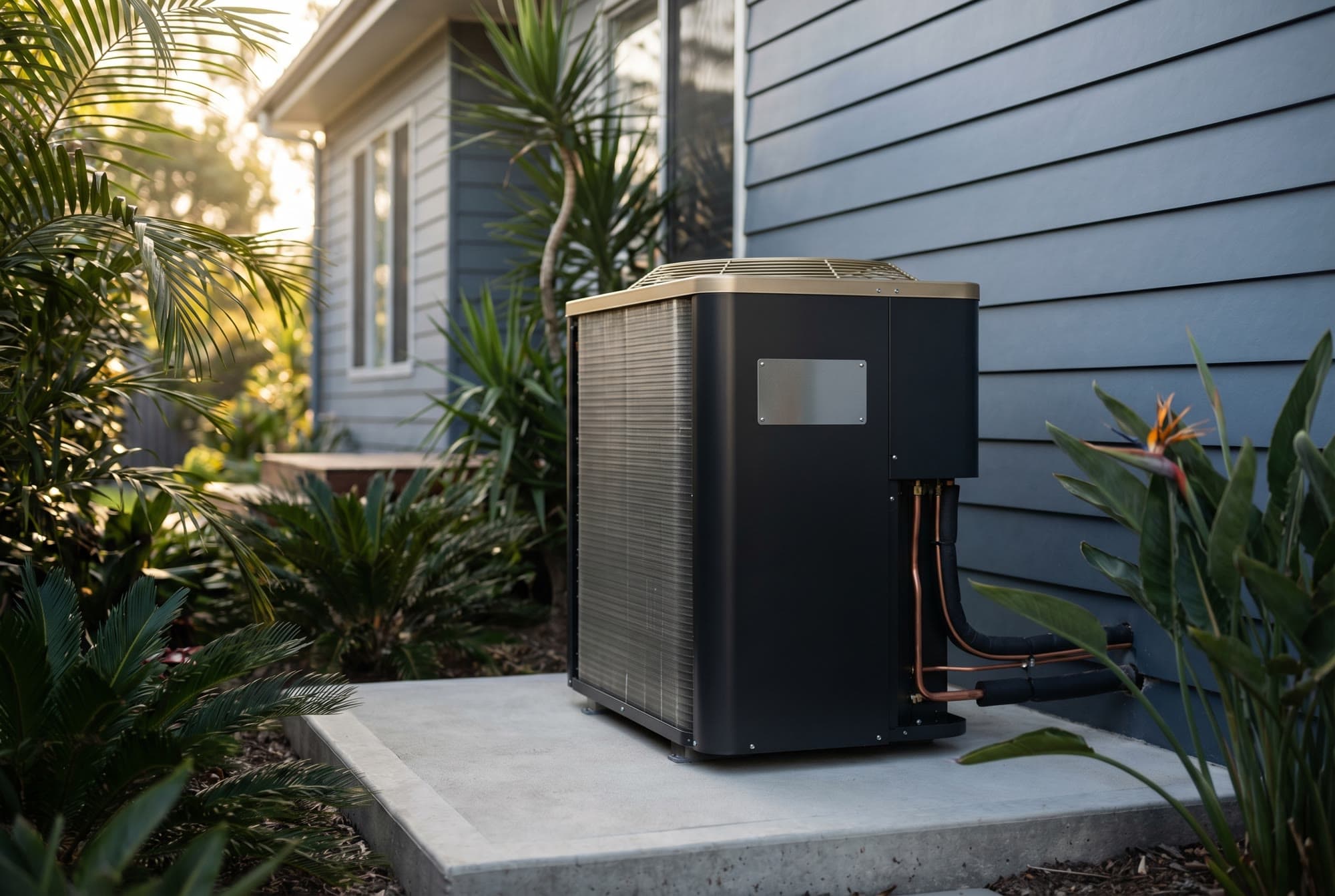 High-efficiency outdoor heat pump on concrete pad
