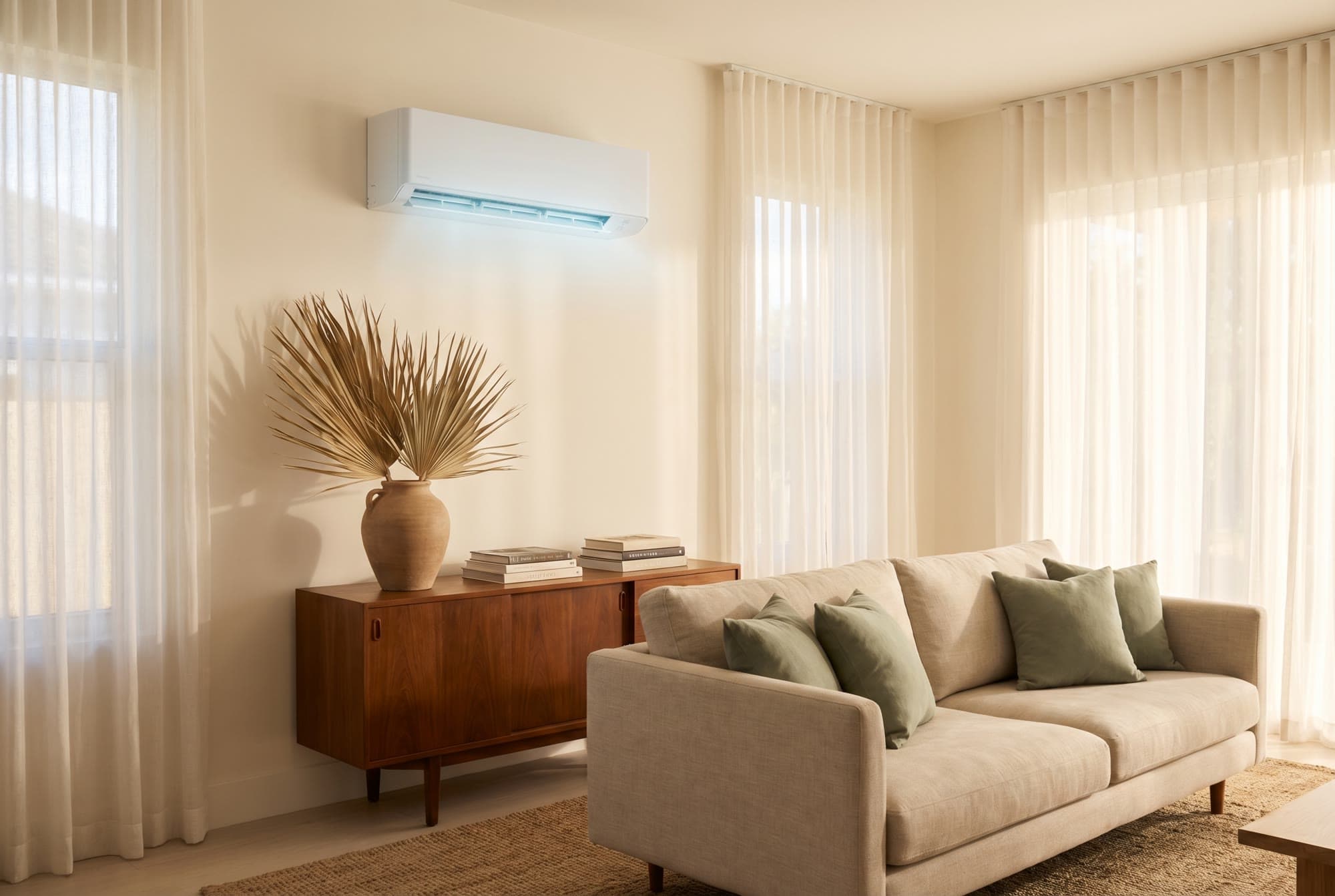 Ductless mini-split head in a designed Florida living room
