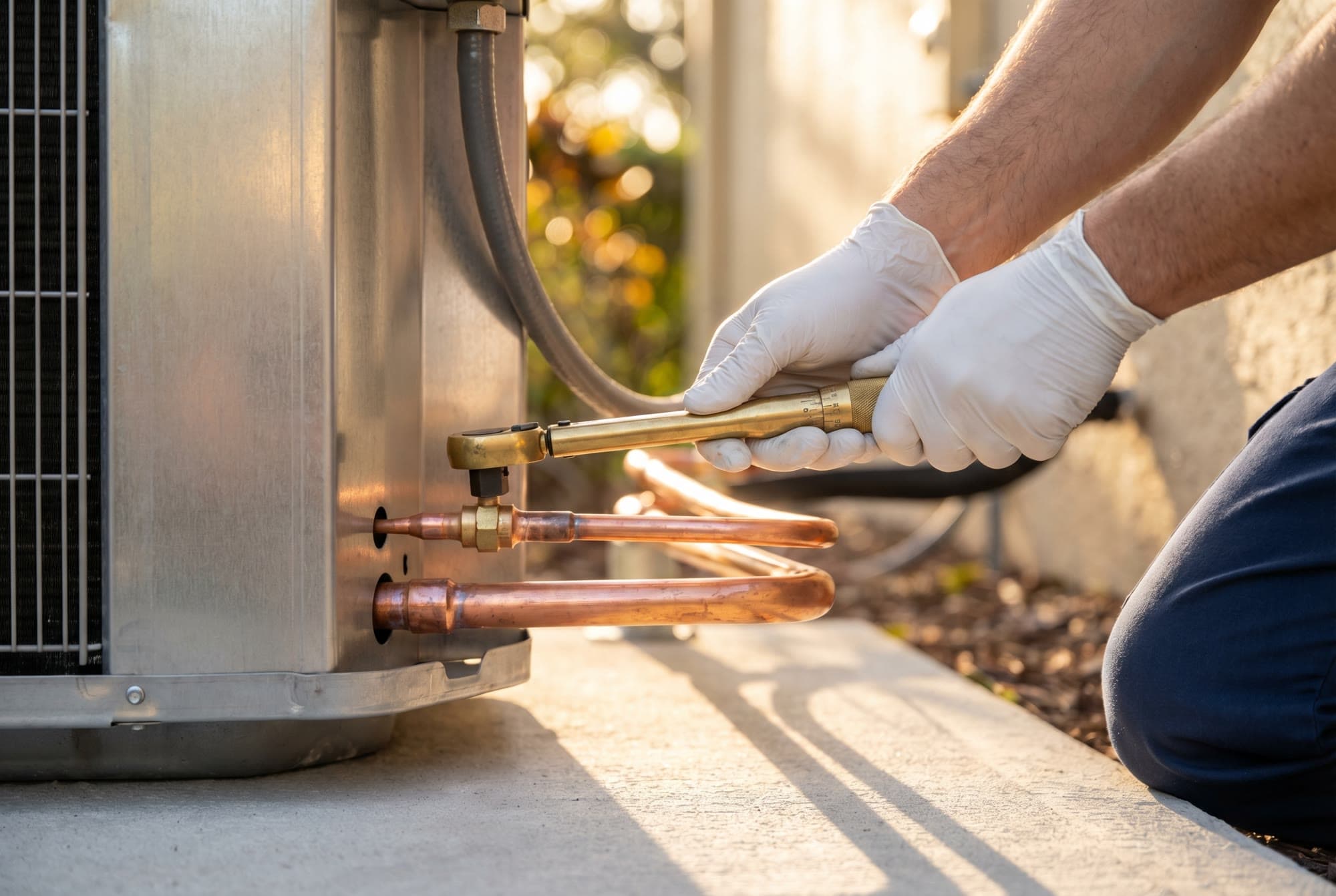 Licensed HVAC technician installing a condenser near Tampa, FL